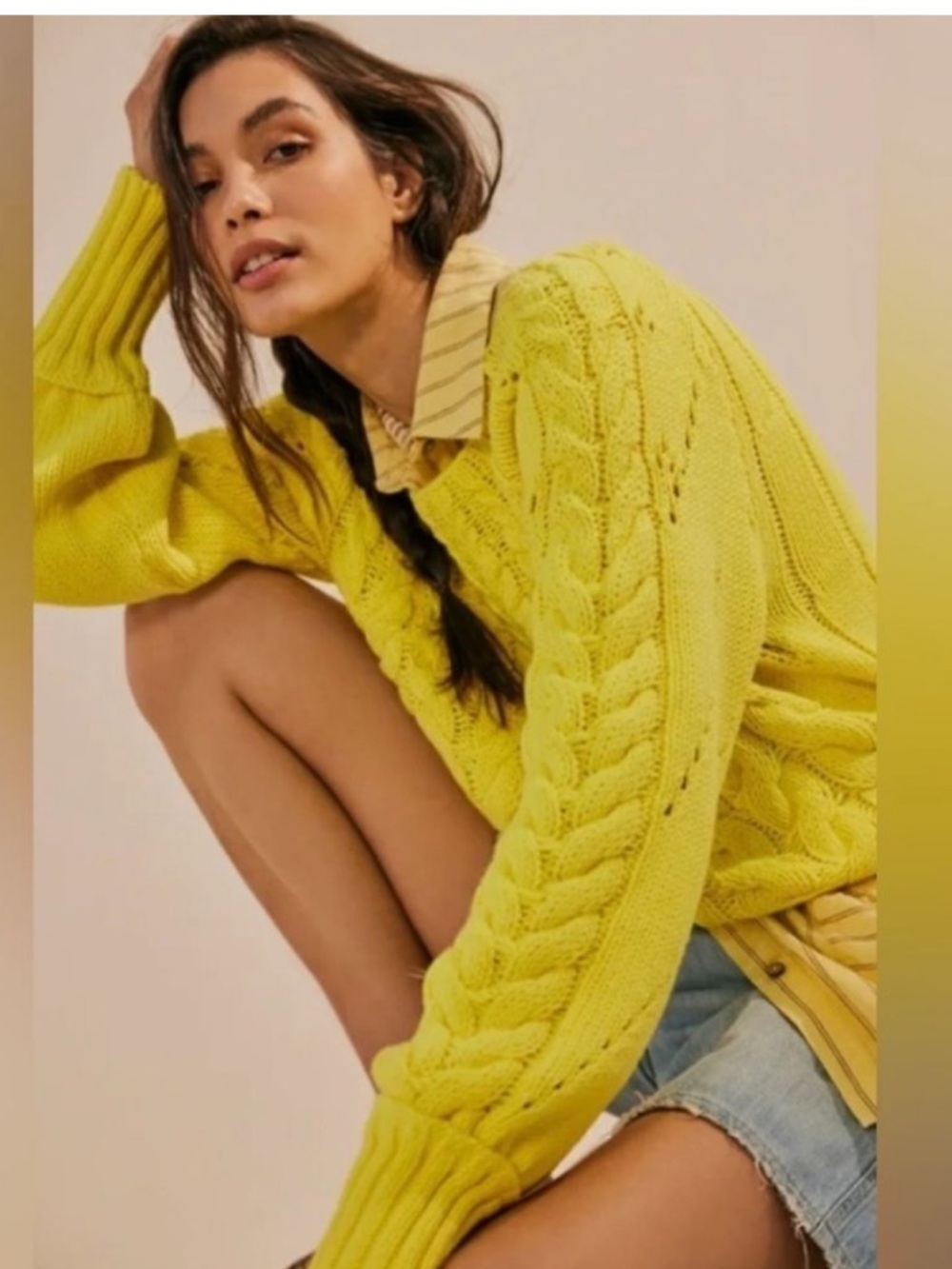 Anthropologie Free People Sandre bright yellow chunky knit sweater sz small
